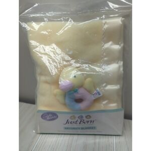 Just Born vintage yellow fleece satin trim Security Blanket pastel duck rattle